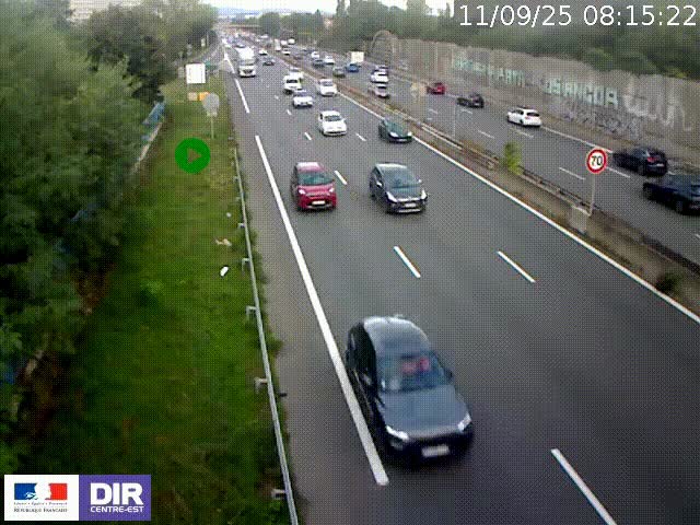 Webcam à Bron sur l'A43 à la jonction avec le boulevard périphérique de Lyon (D383). Vue orientée vers Lyon