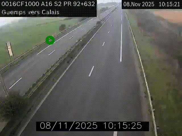 Webcam A16 juste après l'aire de repos d'Offekerque à Guemps. Vue orientée vers Calais