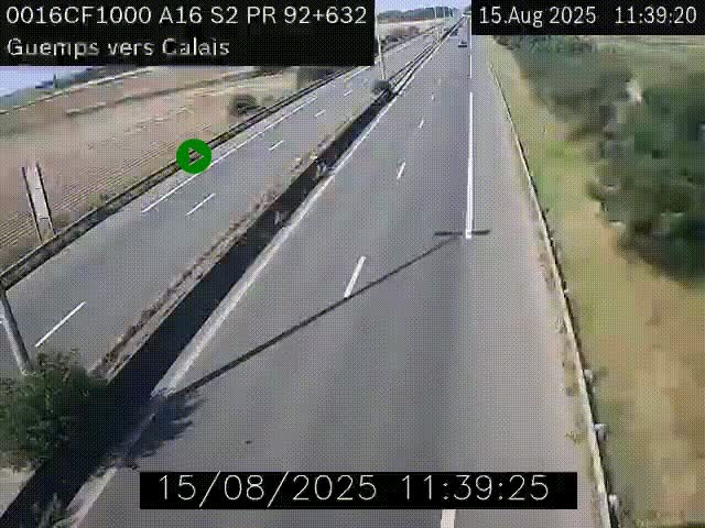 Webcam A16 juste après l'aire de repos d'Offekerque à Guemps. Vue orientée vers Calais