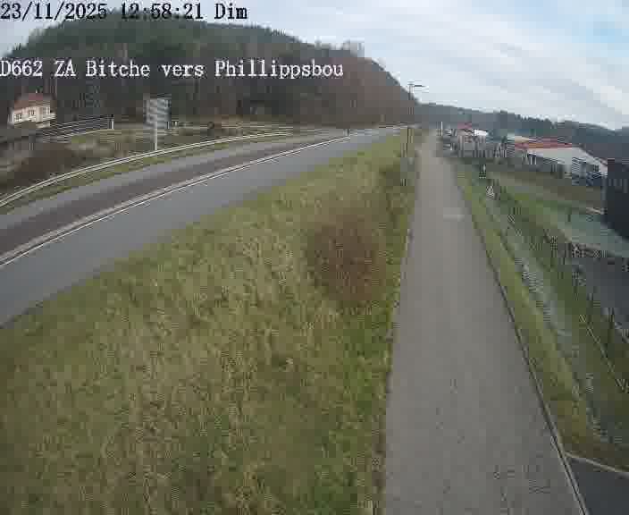 Caméra de trafic sur D662 (France) à Bitche, orientée vers Phillippsbourg, permettant d’évaluer fluidité, incidents et densité automobile.