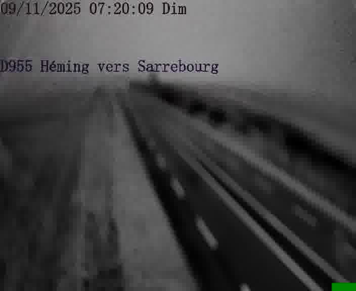 Caméra routière située sur D955 (France) à Heming, orientée vers Sarrebourg, surveillant en continu la circulation locale et régionale.