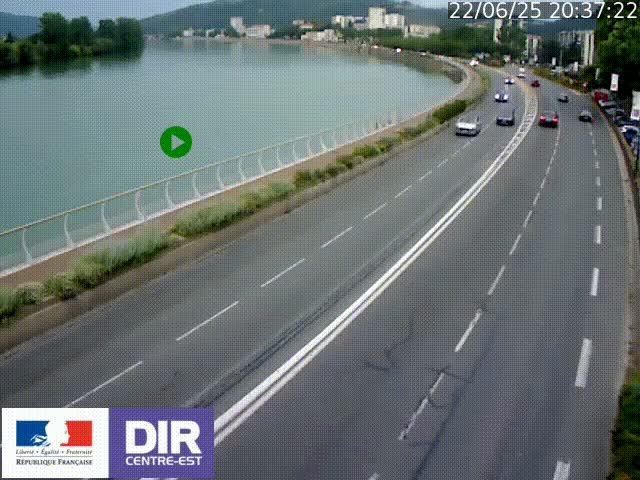 Webcam sur le quai Parjot à Vienne, aux Portes de Lyon, sur la Nationale 7, à la jonction avec le boulevard du Rhône-nord (D1407), caméra orientée vers Lyon
