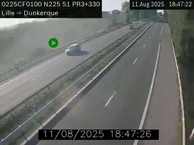 Webcam autoroute A25 (N225) à hauteur de Bergues (Bierne). Vue orientée vers Dunkerque.