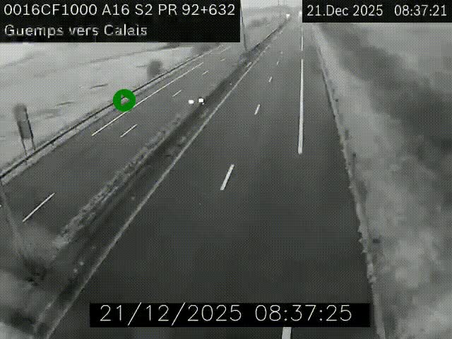 Webcam A16 juste après l'aire de repos d'Offekerque à Guemps. Vue orientée vers Calais