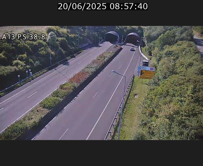 Webcam autoroute A13 à l'entrée ouest du tunnel Markusbierg à Schengen. Vue orientée vers Mondorf-les-Bains