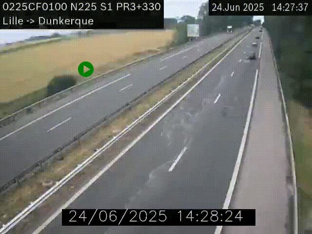 Webcam autoroute A25 (N225) à hauteur de Bergues (Bierne). Vue orientée vers Dunkerque.