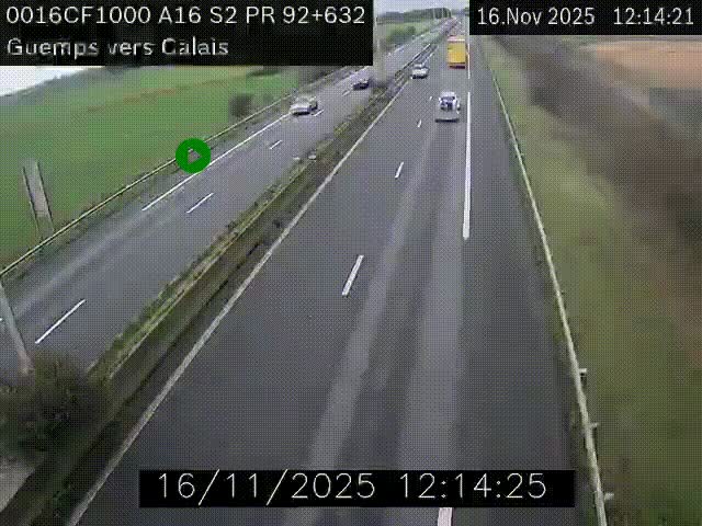 Webcam A16 juste après l'aire de repos d'Offekerque à Guemps. Vue orientée vers Calais