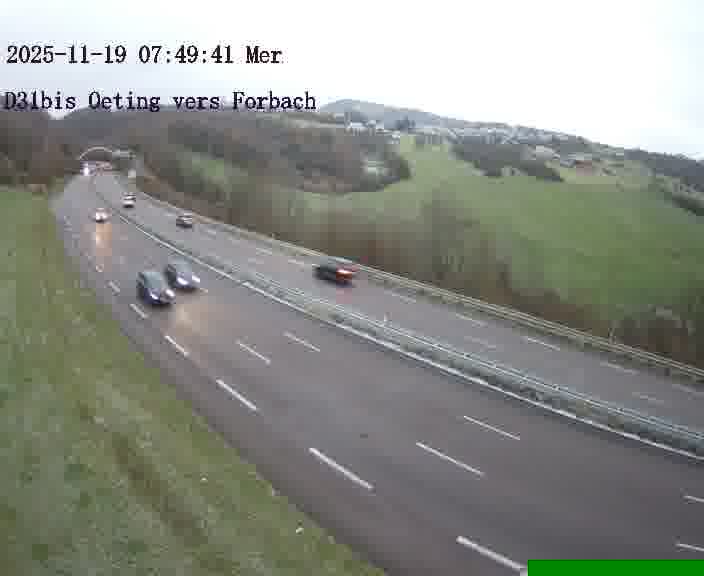 Caméra routière située sur D31bis (France) à Oeting, orientée vers Forbach, surveillant en continu la circulation locale et régionale.