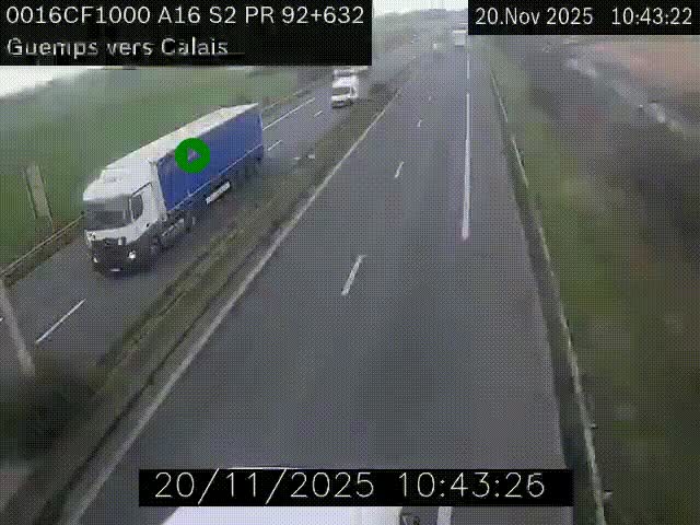 Webcam A16 juste après l'aire de repos d'Offekerque à Guemps. Vue orientée vers Calais