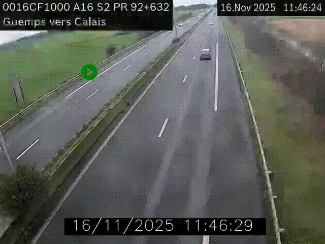 Webcam A16 juste après l'aire de repos d'Offekerque à Guemps. Vue orientée vers Calais