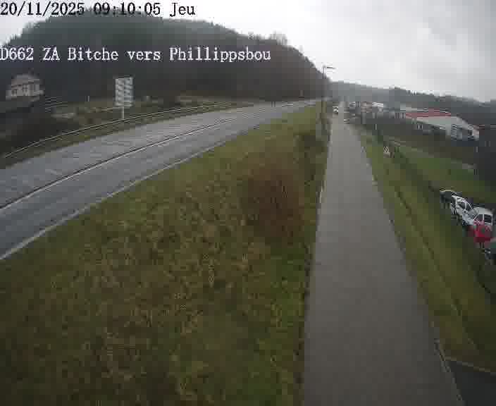 Caméra de trafic sur D662 (France) à Bitche, orientée vers Phillippsbourg, permettant d’évaluer fluidité, incidents et densité automobile.