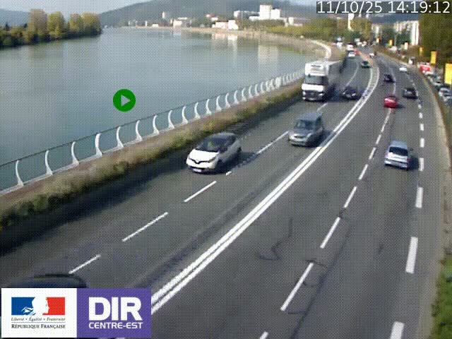 Webcam sur le quai Parjot à Vienne, aux Portes de Lyon, sur la Nationale 7, à la jonction avec le boulevard du Rhône-nord (D1407), caméra orientée vers Lyon