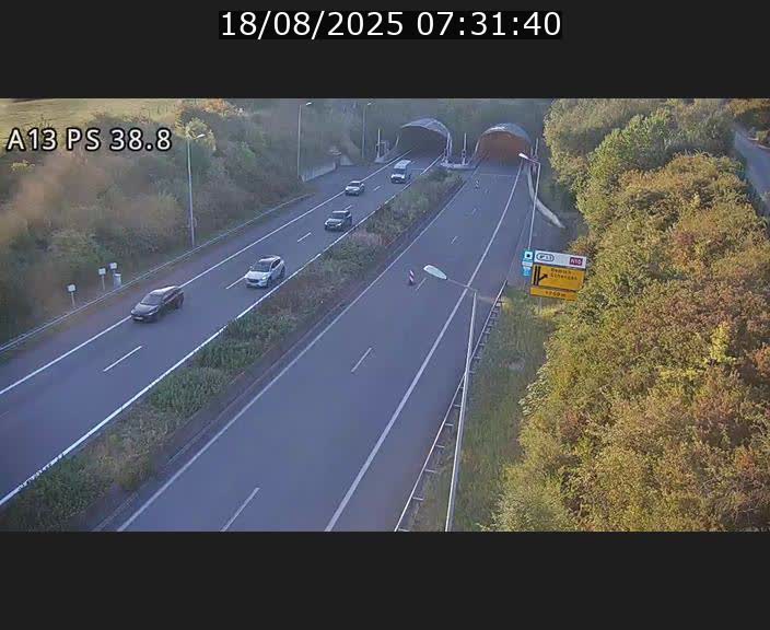 Webcam autoroute A13 à l'entrée ouest du tunnel Markusbierg à Schengen. Vue orientée vers Mondorf-les-Bains